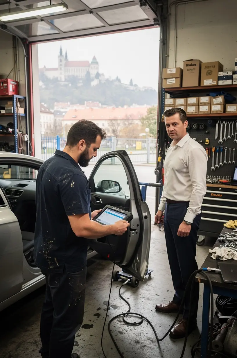 Pohľad na pracovisko autoservisu s moderným vybavením a dôrazom na kvalitný servis starších vozidiel.